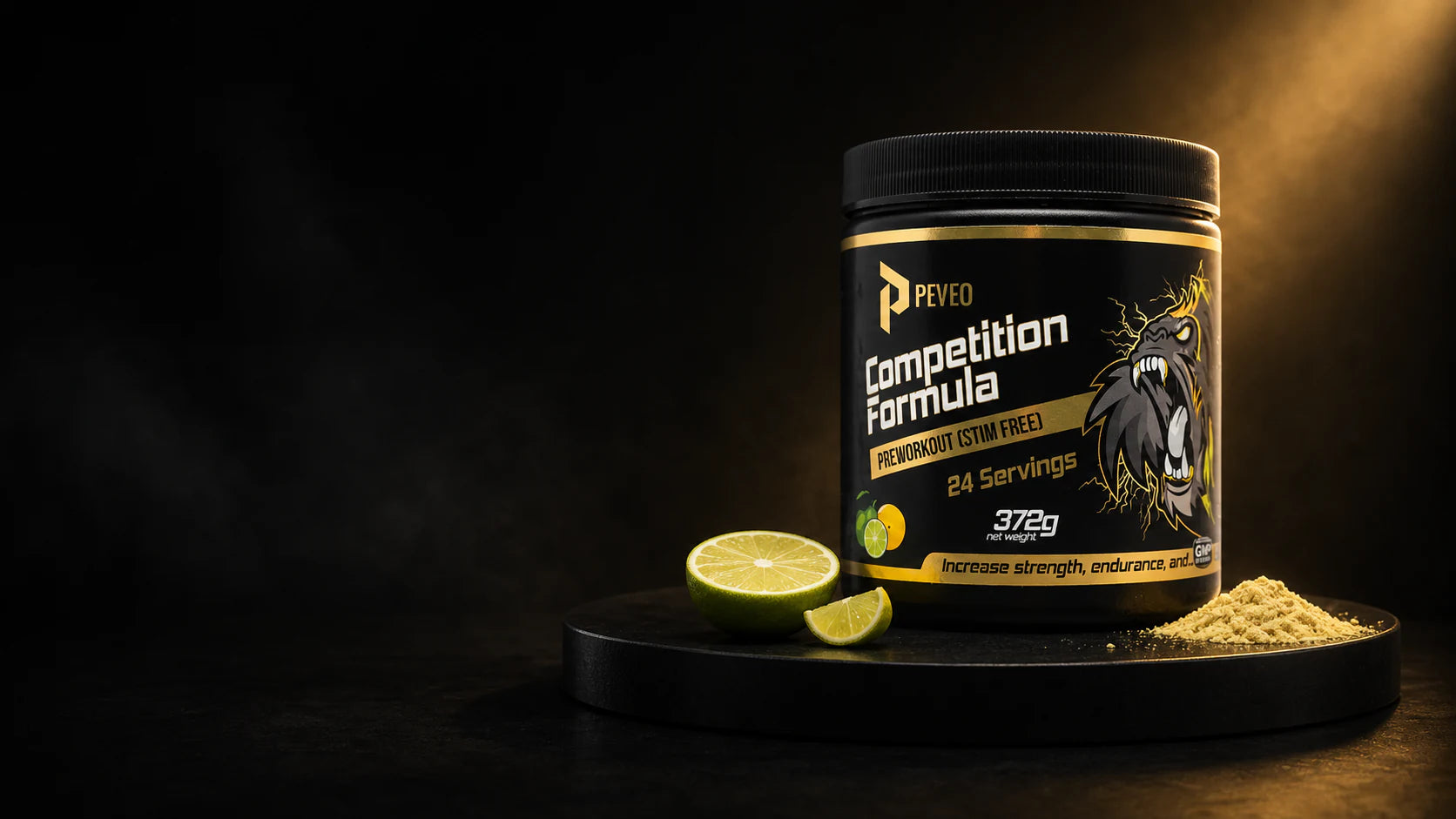 Peveo PWO-Stim-free i svart og gull produktstudio