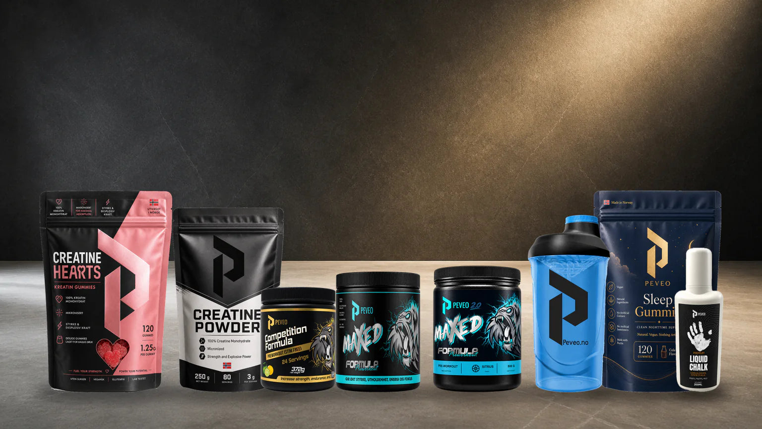 Peveo-produktfamilien med PWO, kreatin, shaker, gummies og liquid chalk